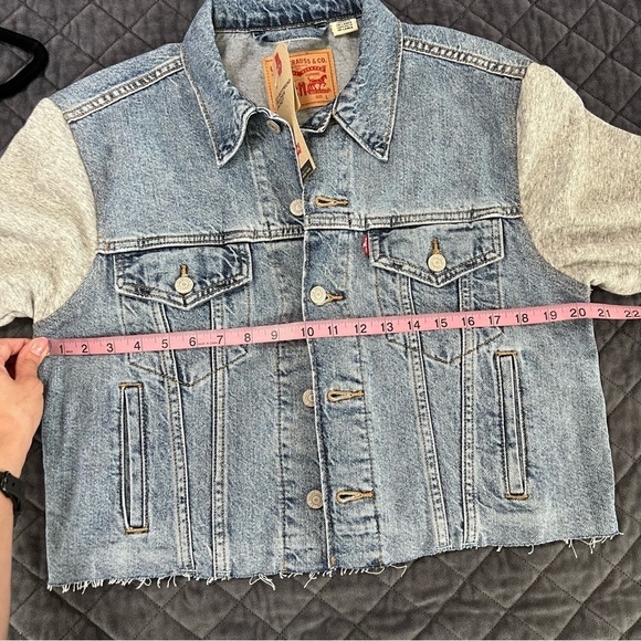 Levi’s Jean Jacket Women Large Ex Boyfriend Trucker Sweater Sleeve Button C - Picture 6 of 8